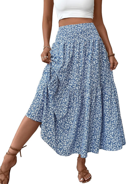 Women'S Smocked High Waist Maxi Skirt Casual Boho Long Skirts with Pockets