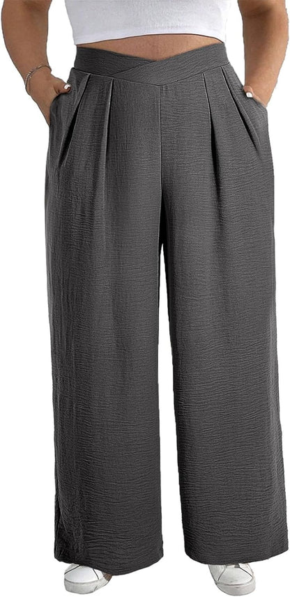 Womens plus Size Wide Leg Pants Crossover Waist Pleated Front Casual Work Pants Lounge Trouser with Pockets(1X-5X)