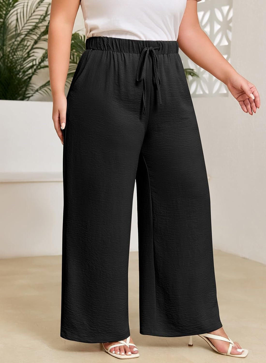 Womens plus Size Pants Summer Elastic High Waist Drawstring Casual Loose Wide Leg Trousers Pants with Pockets(1X-5X)