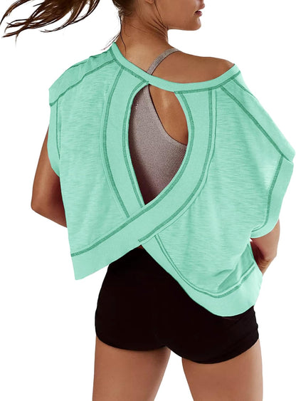Women Short Sleeve Workout Shirts Open Back Tops Casual Yoga Y2K Athletic Gym Slouchy Crop Running Tees