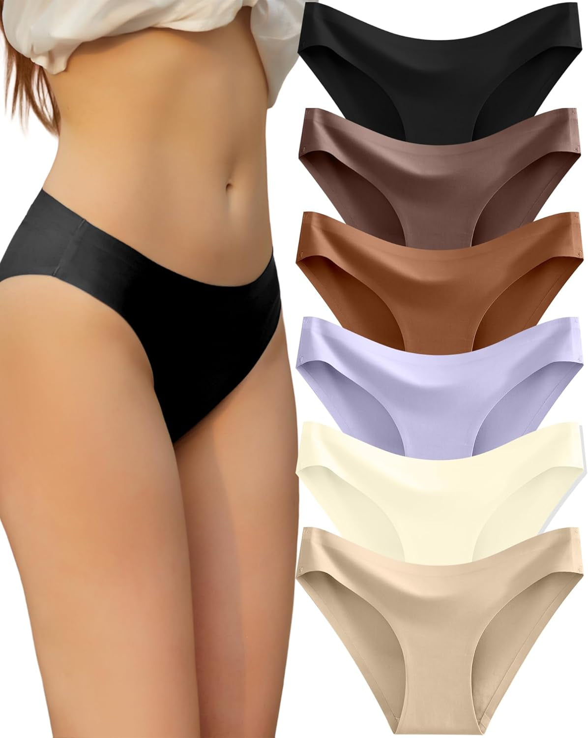 6 Pack Women’S Seamless Hipster Underwear No Show Panties Invisibles Briefs Soft Stretch Bikini Underwears XS-XL