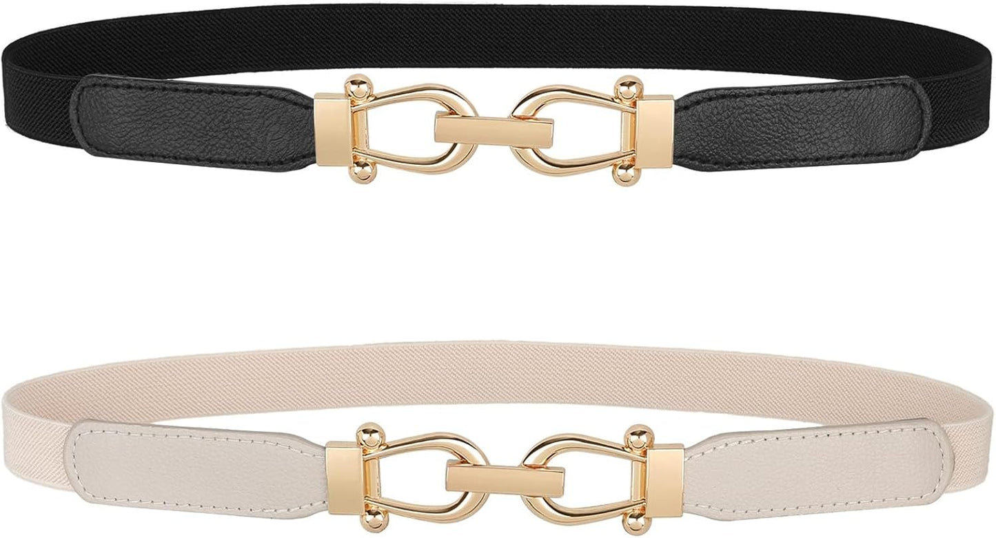 Women Skinny Elastic Belt for Dresses,Thin Retro Stretch Waist Belt with Golden Buckle