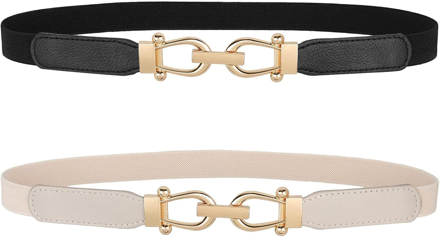 Women Skinny Elastic Belt for Dresses,Thin Retro Stretch Waist Belt with Golden Buckle