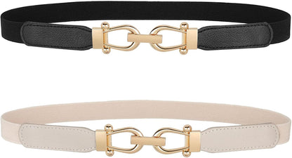 Women Skinny Elastic Belt for Dresses,Thin Retro Stretch Waist Belt with Golden Buckle