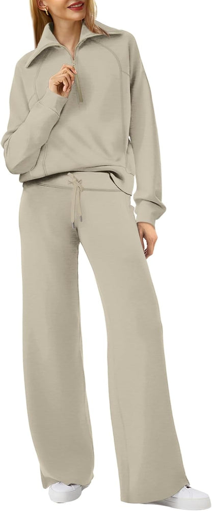 Lounge Sets for Women 2025 Half Zip Sweatshirt and Wide Leg Sweatpant 2 Piece Outfits Sweatsuit Tracksuit
