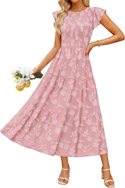 Women'S Summer Boho Floral Midi Dress 2026 Casual Flutter Short Sleeve Crewneck Smocked Flowy Beach Long Dresses