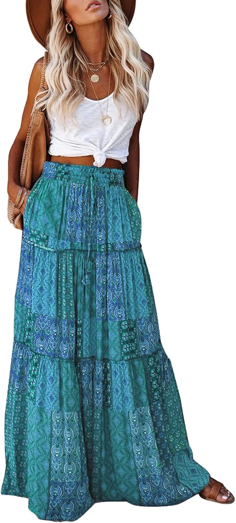 Womens Boho Maxi Skirt 2026 Summer Cruise Casual High Waist Tie Flowy Long Skirt with Pockets for Beach Vacation