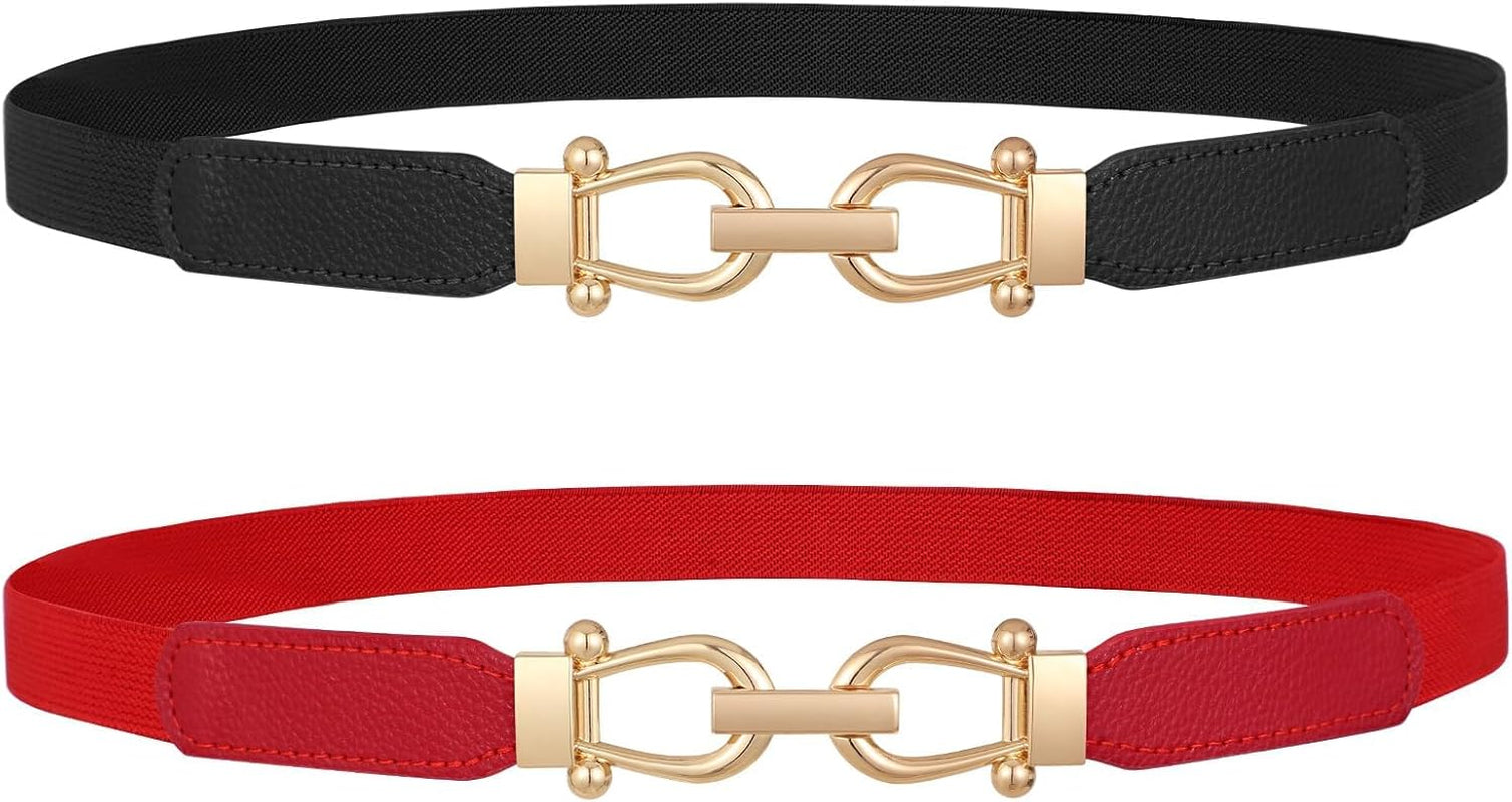 Women Skinny Elastic Belt for Dresses,Thin Retro Stretch Waist Belt with Golden Buckle