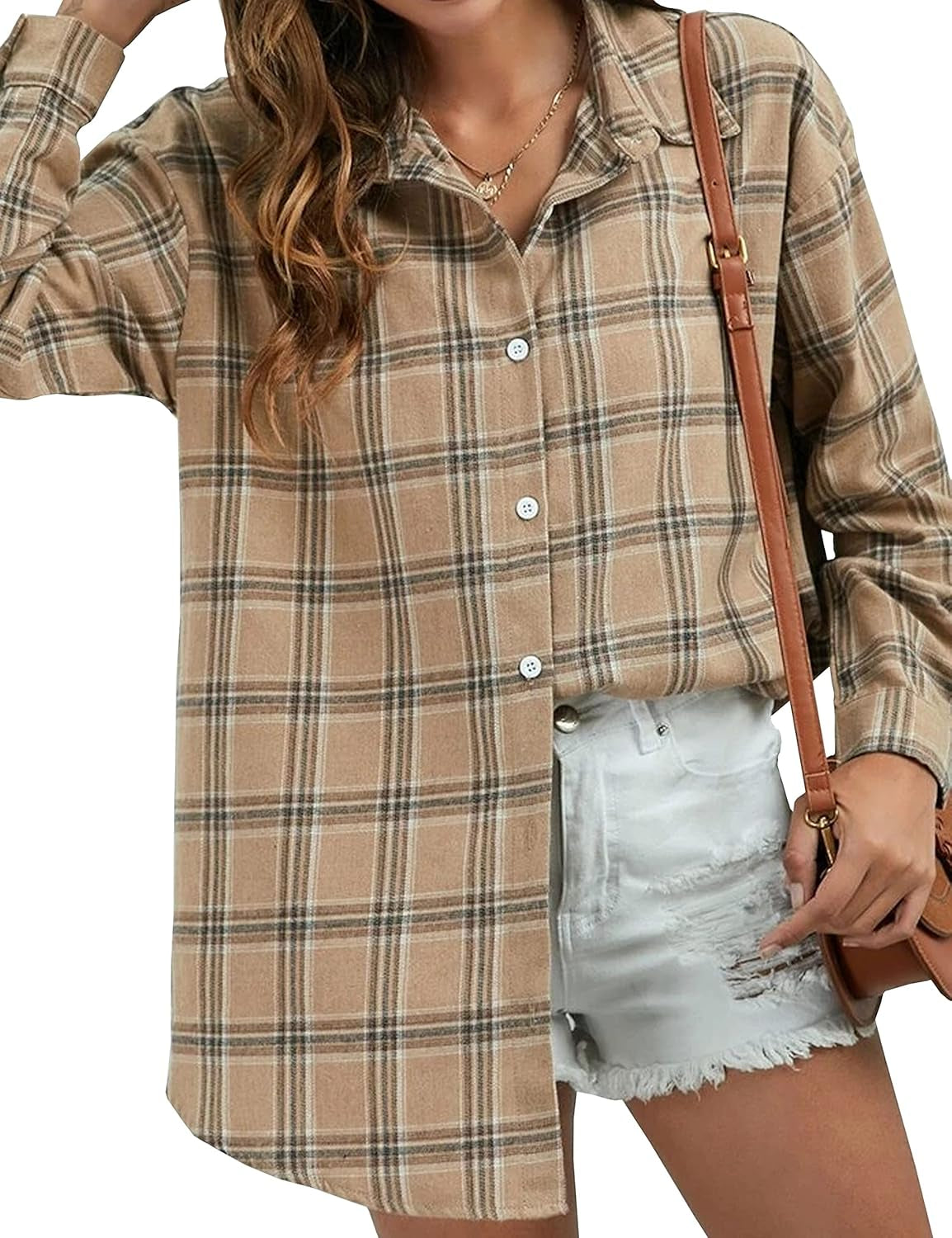 Oversized Flannel Shirt Women Long Sleeve Plaid Button Buffalo Shirt Blouse Tops with One Pocket