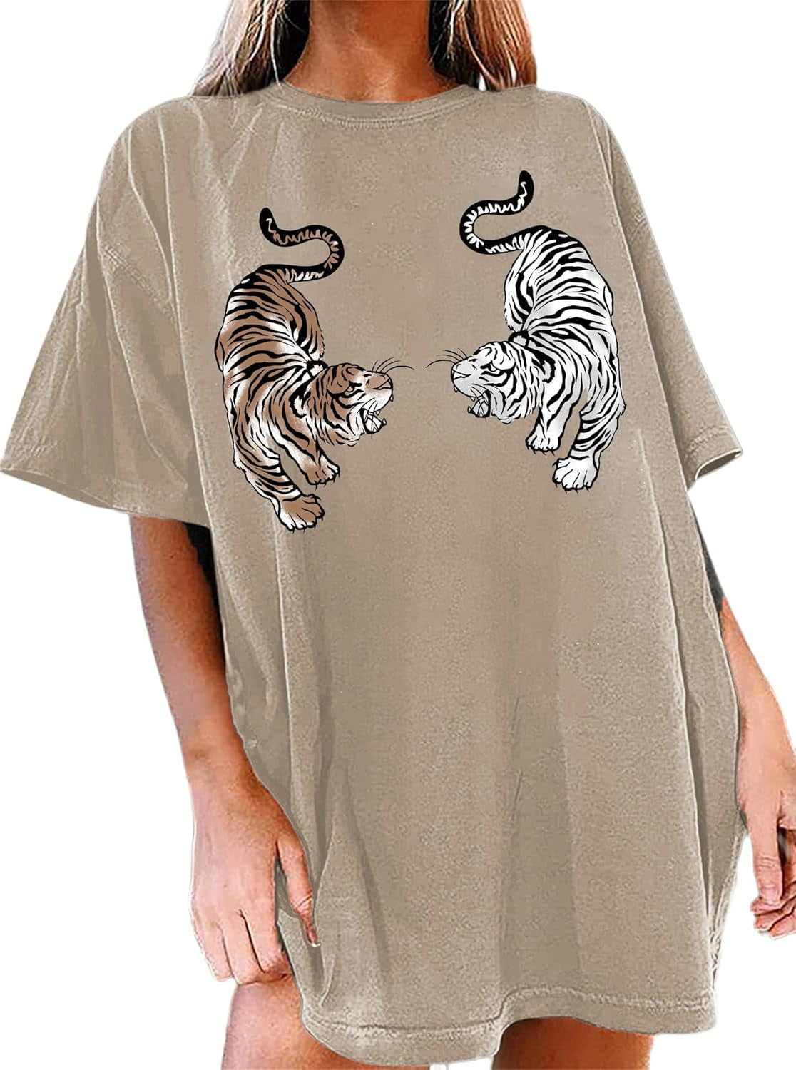 Women Tigers Graphic Oversized Tee Top Short Sleeve Loose Crewneck Summer T-Shirt