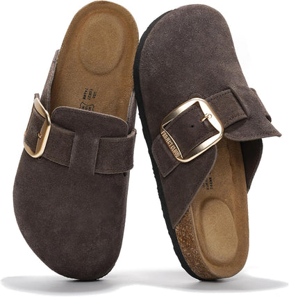 100% Genuine Leather Clogs for Women Shoes - Memory Foam Insole, Non-Slip & Natural Cork Footbed Arch Support Big Buckle Womens Clogs and Mules Footwear (Manchester)