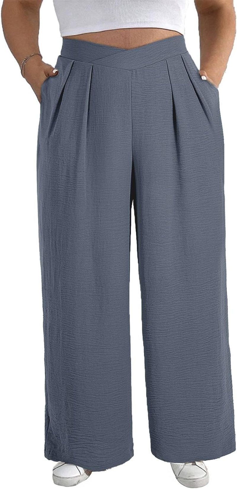 Womens plus Size Wide Leg Pants Crossover Waist Pleated Front Casual Work Pants Lounge Trouser with Pockets(1X-5X)