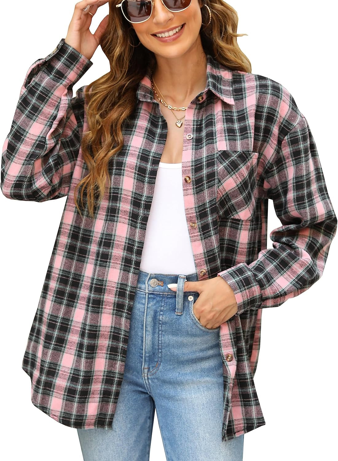 Oversized Flannel Shirt Women Long Sleeve Plaid Button Buffalo Shirt Blouse Tops with One Pocket