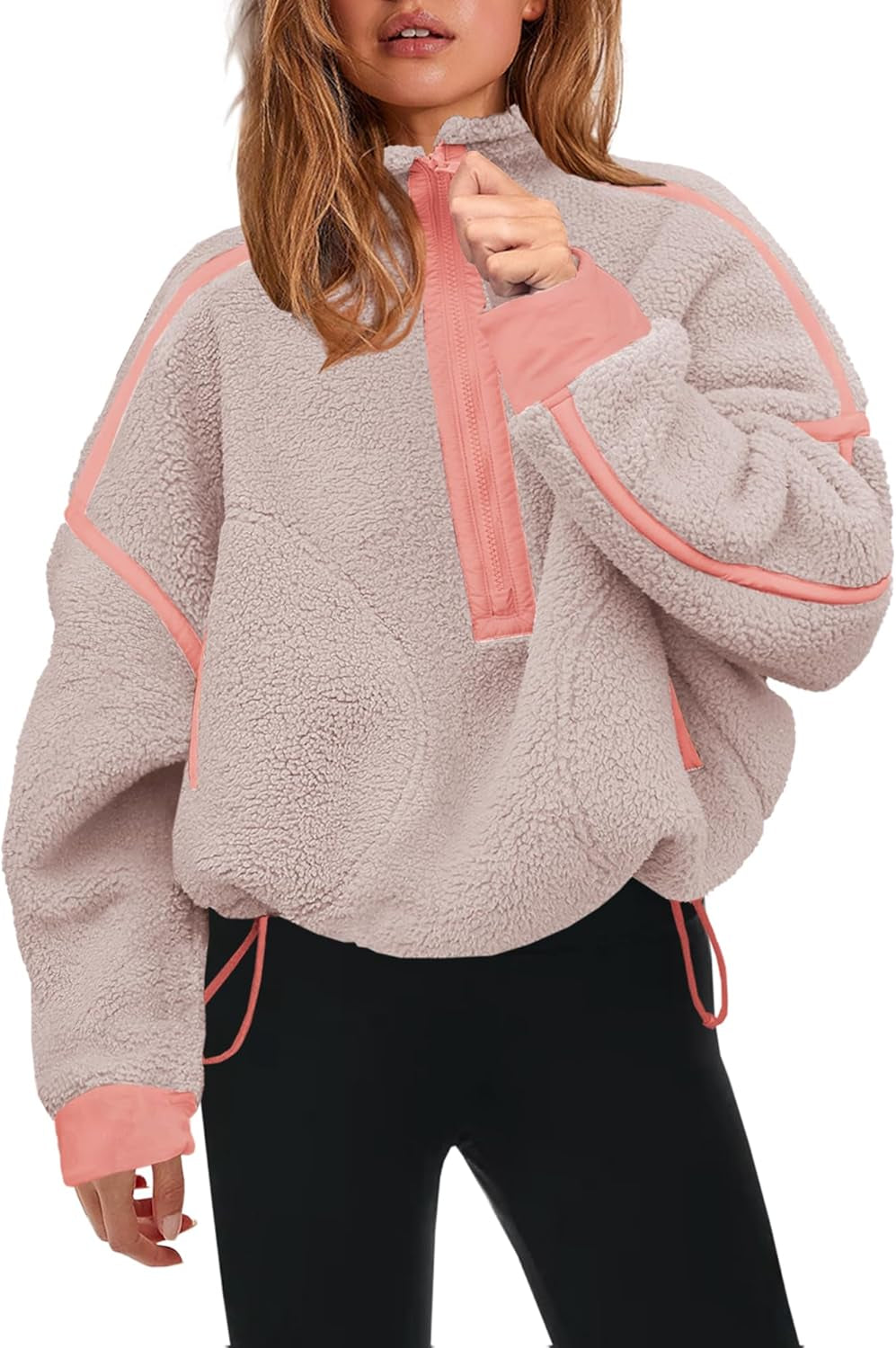 Womens Half Zip Sherpa Fleece Pullover Soft Oversized Sweatshirt with Pockets Warm Fuzzy Sweater