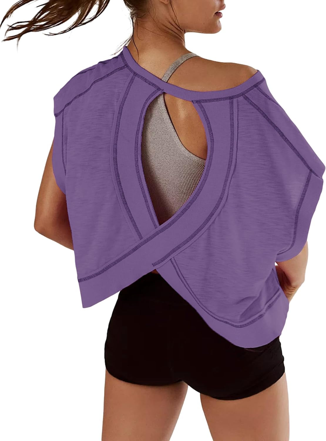 Women Short Sleeve Workout Shirts Open Back Tops Casual Yoga Y2K Athletic Gym Slouchy Crop Running Tees