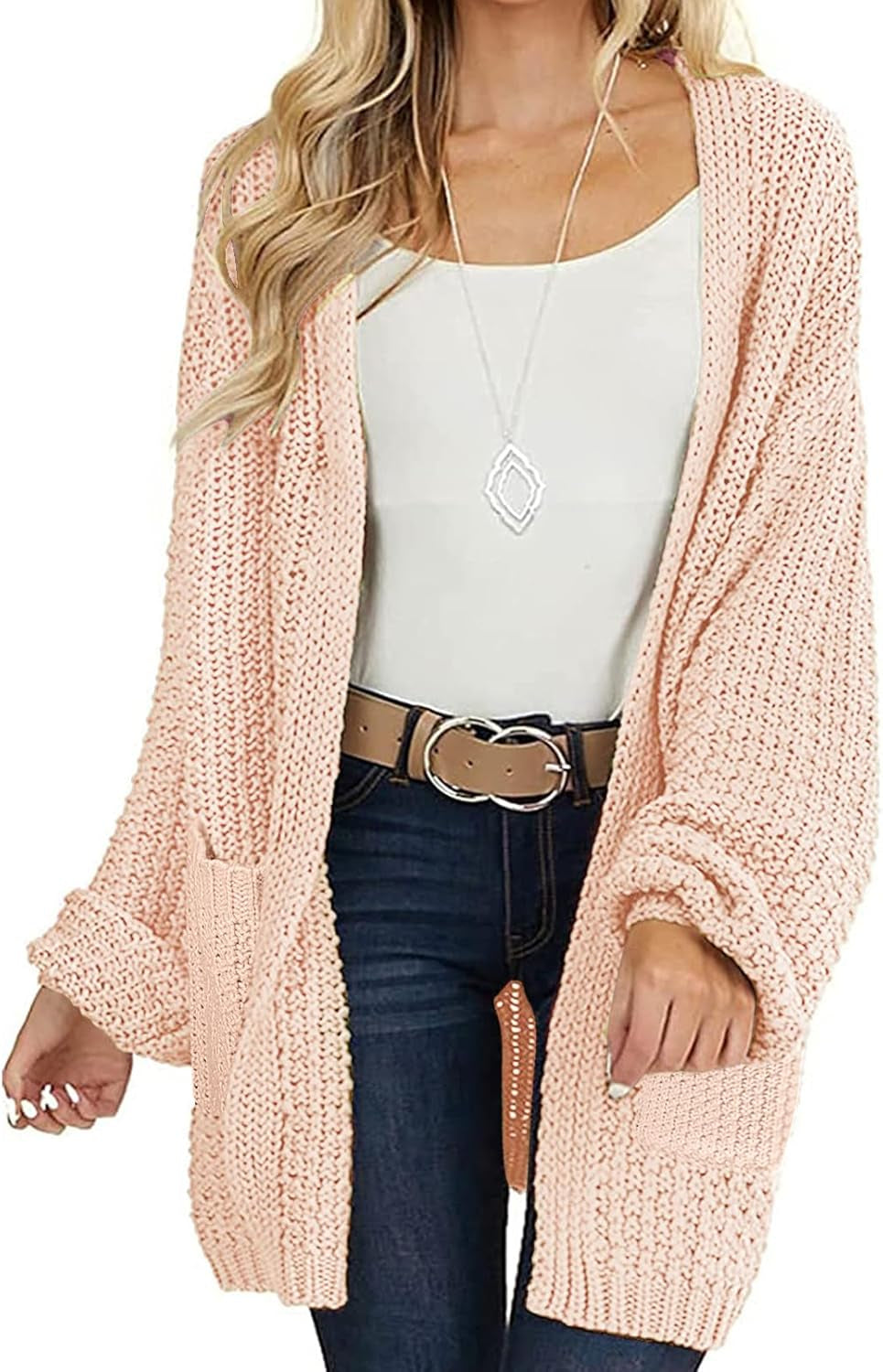 Women'S 2025 Fall Open Front Chunky Knit Sweater Oversized Lantern Sleeve Cardigan Outwear