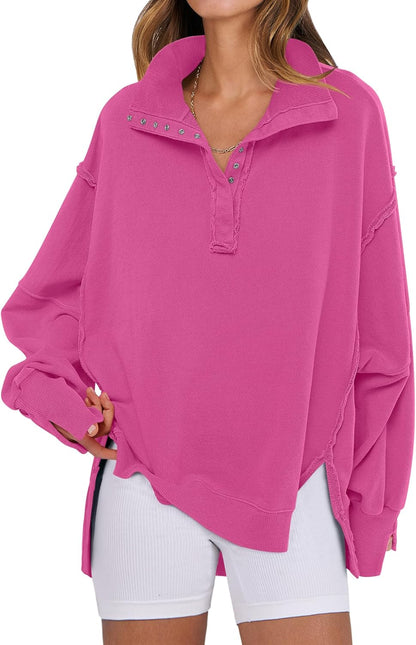 Women'S Sweatshirts Oversized Casual Loose Button up Henley Pullover Top High Low Split 2025 Fall Fashion Outfits