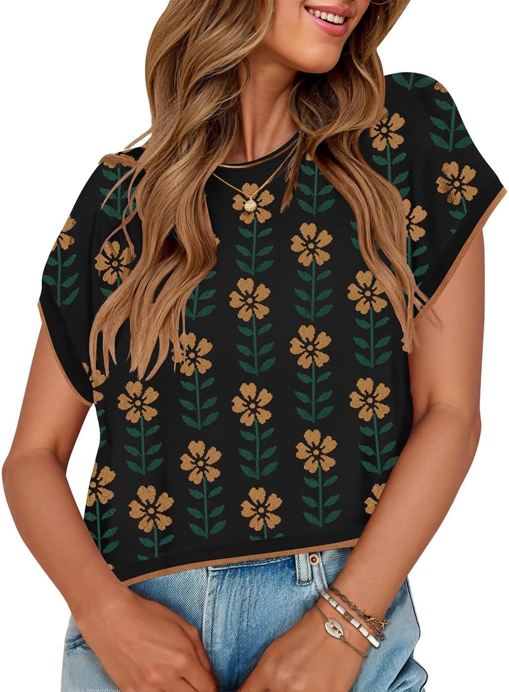 Womens Floral Sweater Vest Summer Short Sleeve Crew Neck Cute Loose Knit Tops 2026 Trendy Clothes Outfits
