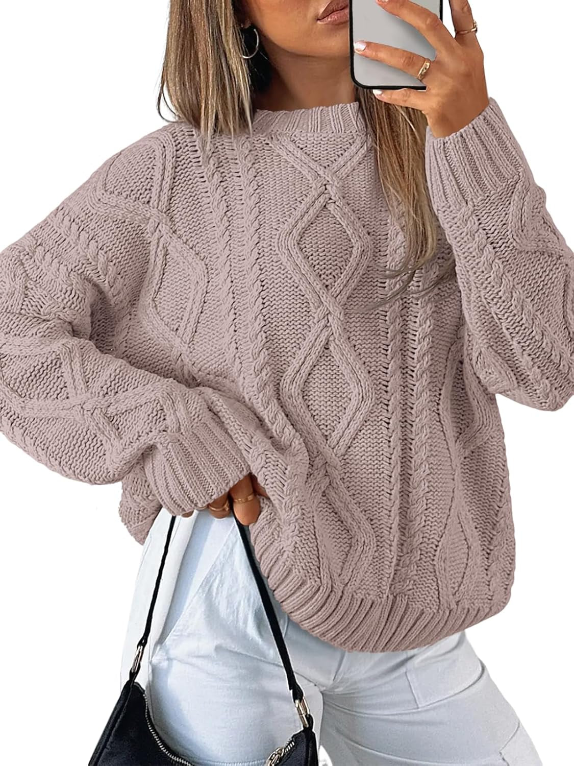 Women'S Oversized Cable Knit Crewneck Sweaters