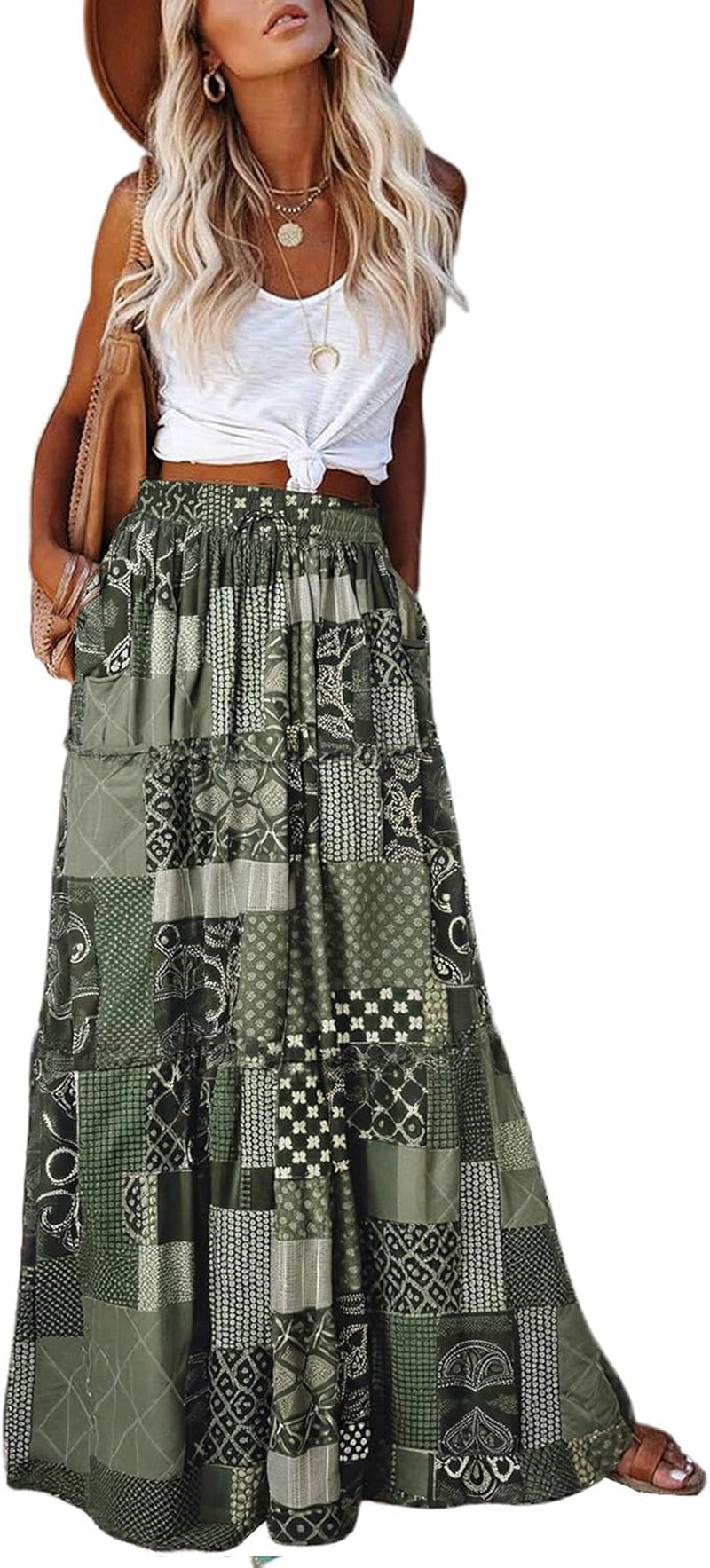 Womens Boho Maxi Skirt 2026 Summer Cruise Casual High Waist Tie Flowy Long Skirt with Pockets for Beach Vacation