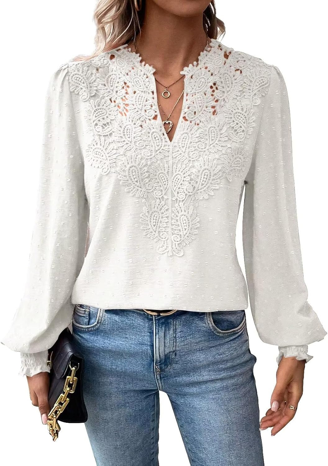 Womens Tops Swiss Dot Boho Long Sleeve Shirts V Neck Casual Chiffon Blouses Flowy Lace Hem Cute Clothing Trendy 2025