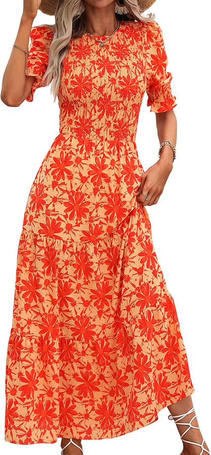 Women Casual Summer Dresses 2026 Spring Crew Neck Ruffle Short Sleeve Smocked Floral Boho Flowy Maxi Dress Clothes