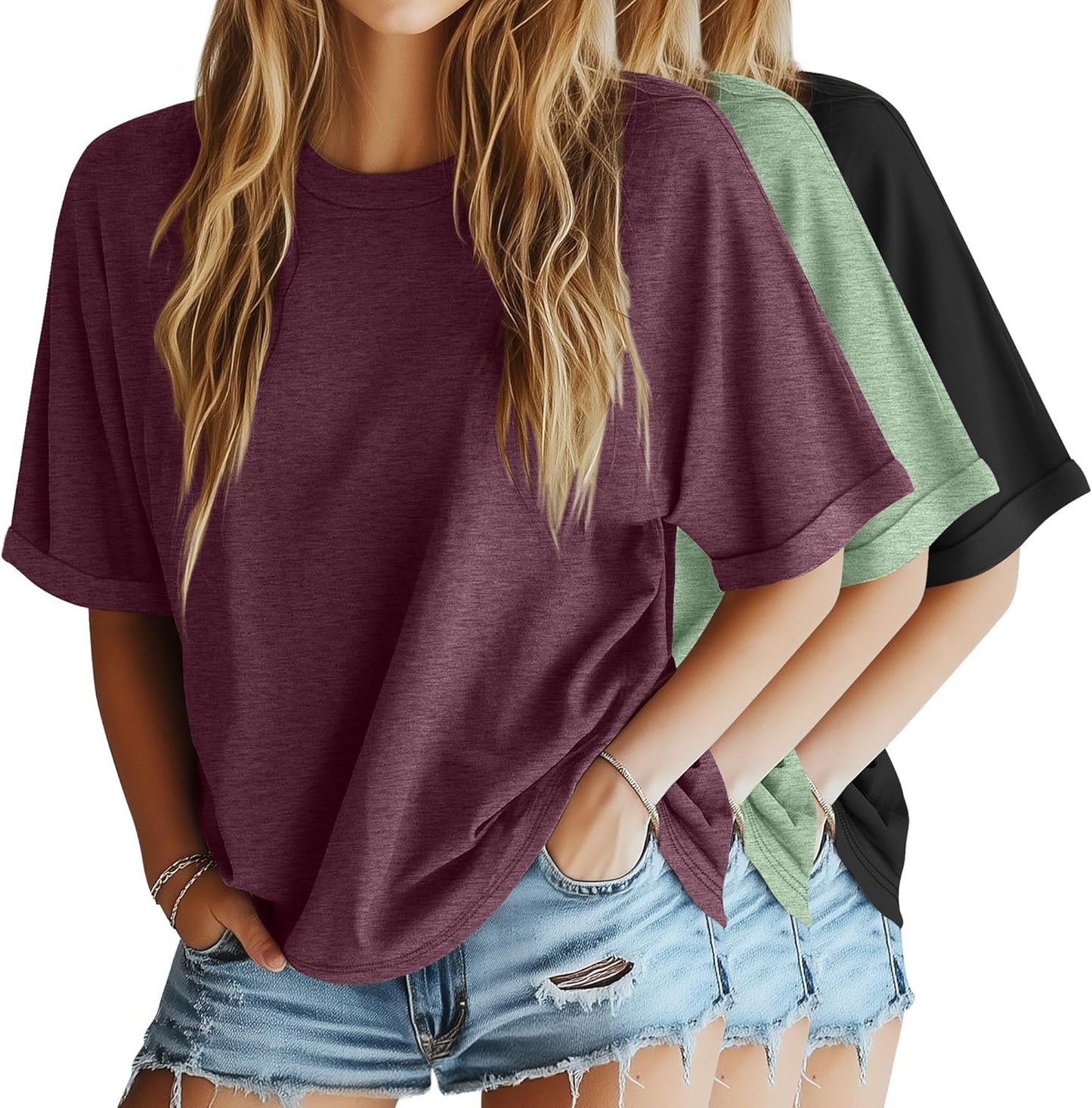 3 Pack Women'S Oversized T-Shirt Half Sleeve Summer Tees Casual Loose Fit Crew Neck Basic Tops