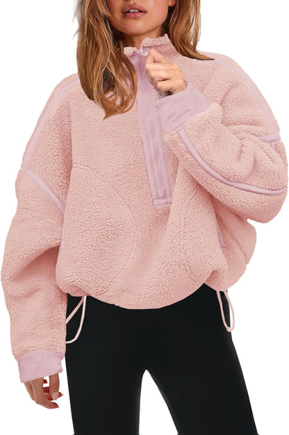 Womens Half Zip Sherpa Fleece Pullover Soft Oversized Sweatshirt with Pockets Warm Fuzzy Sweater