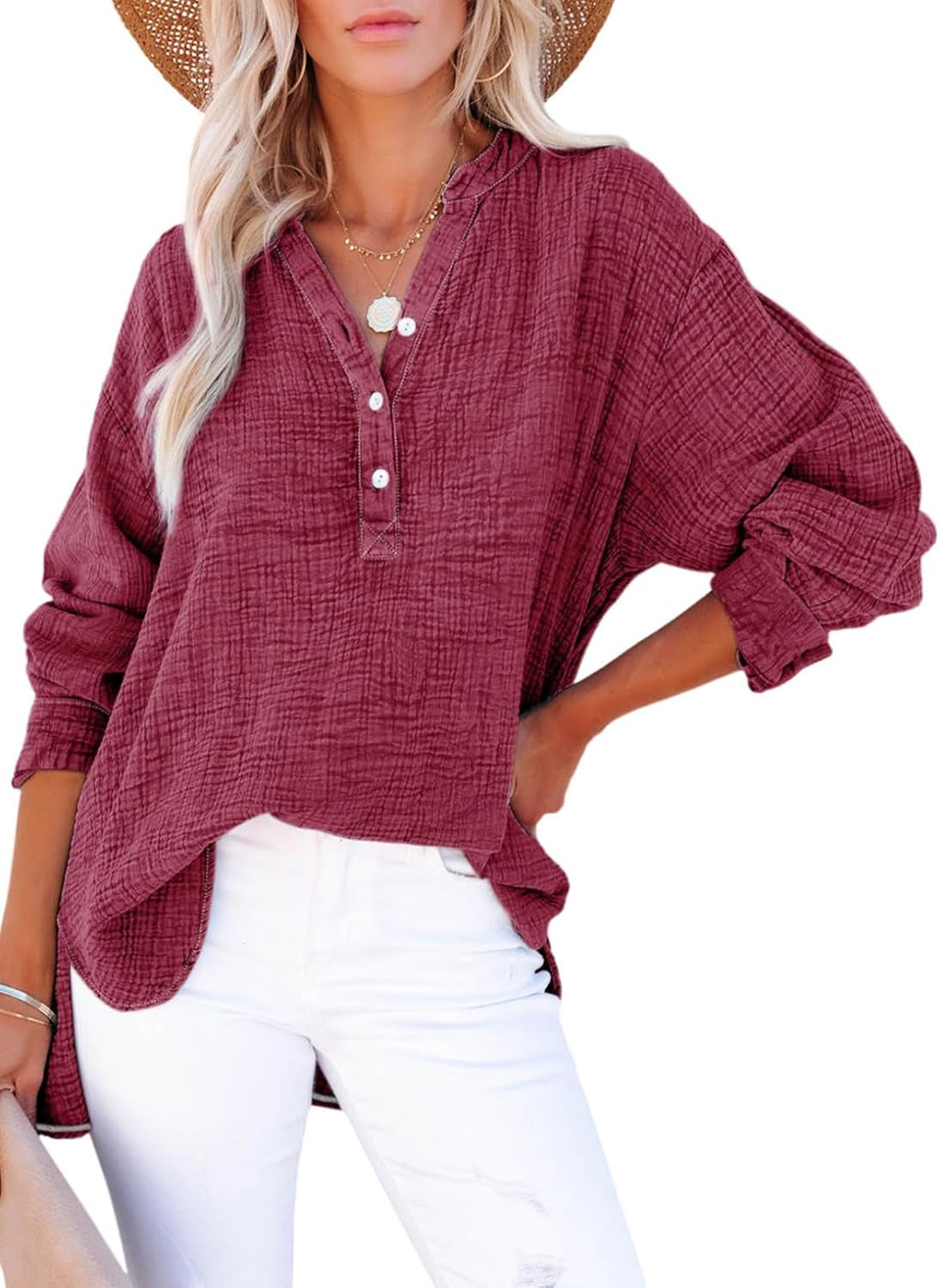 Womens Casual Button V Neck Long Sleeve Shirts Oversized Solid Blouses Tops