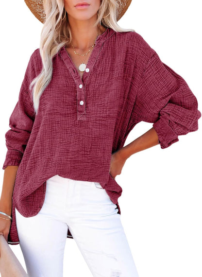 Womens Casual Button V Neck Long Sleeve Shirts Oversized Solid Blouses Tops
