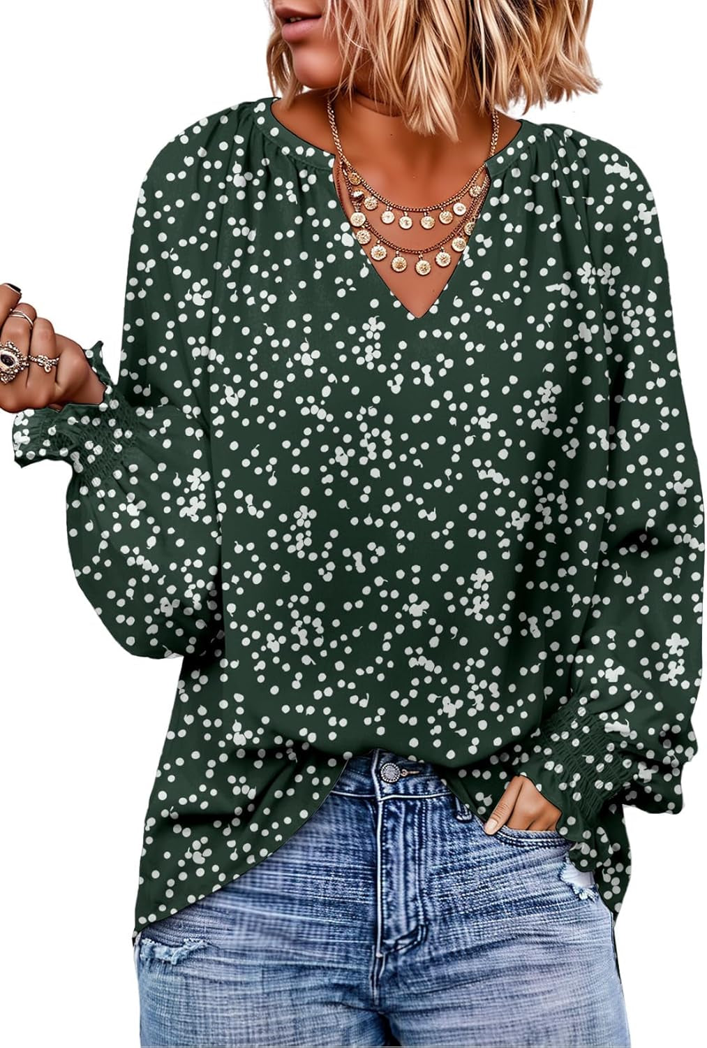 Womens Blouses Dressy Casual Flowy Boho Tops V Neck Long Sleeve Shirts