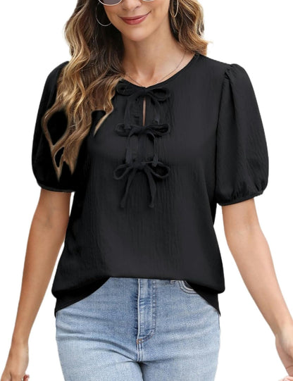 Womens Dressy Casual Shirt Summer Work Blouses Tie Front Puff Short Sleeve Tops