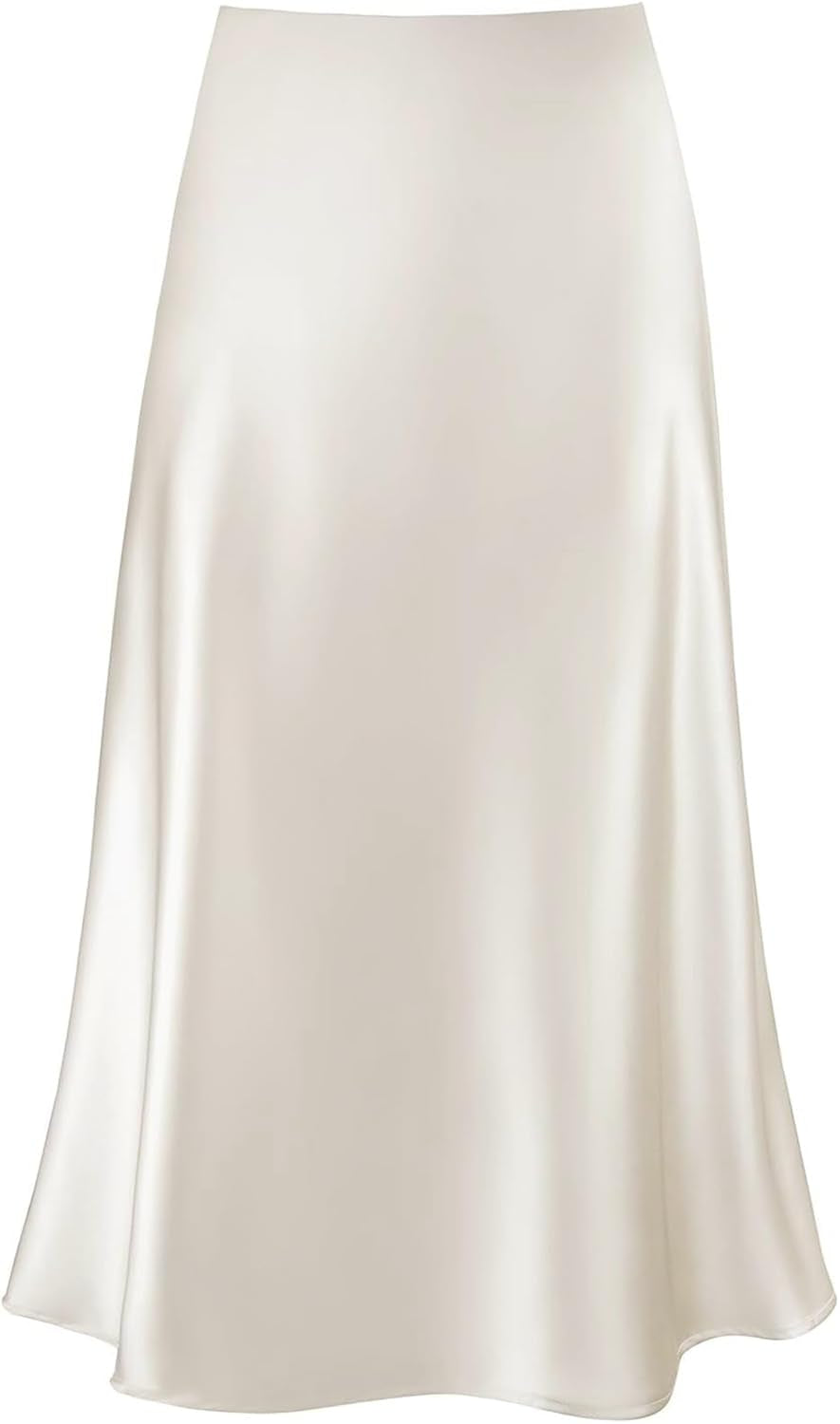 Women'S Satin High Waist Hidden Elasticized Waistband Flared Casual a Line Midi Skirt