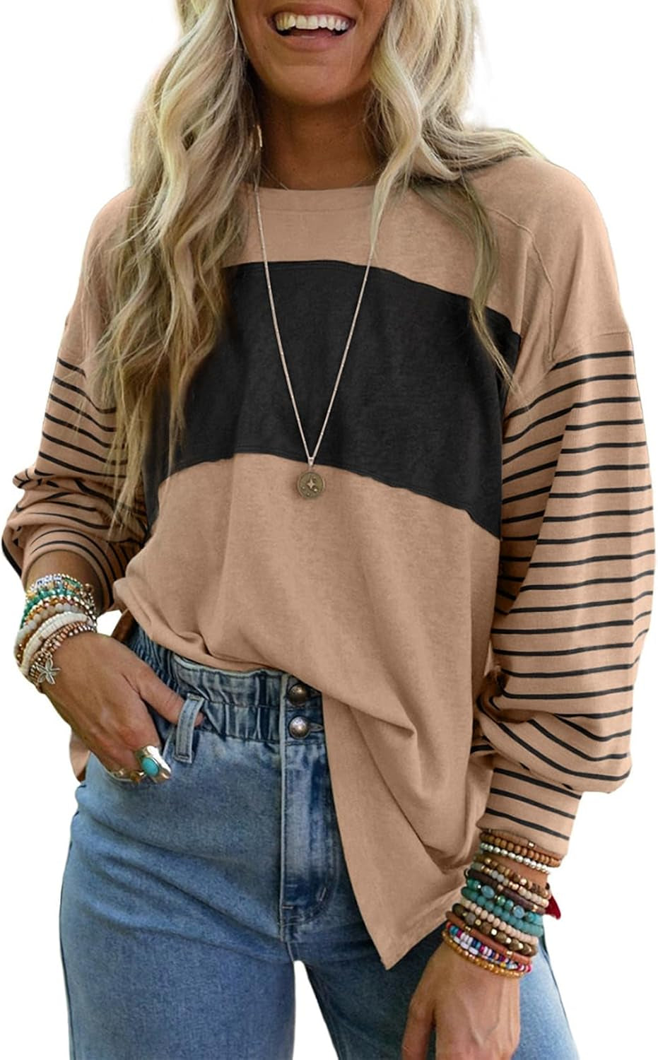 Long Sleeve Tops Oversized 2025 Trendy round Crew Neck Casual Color Block Womens Shirts Blouses