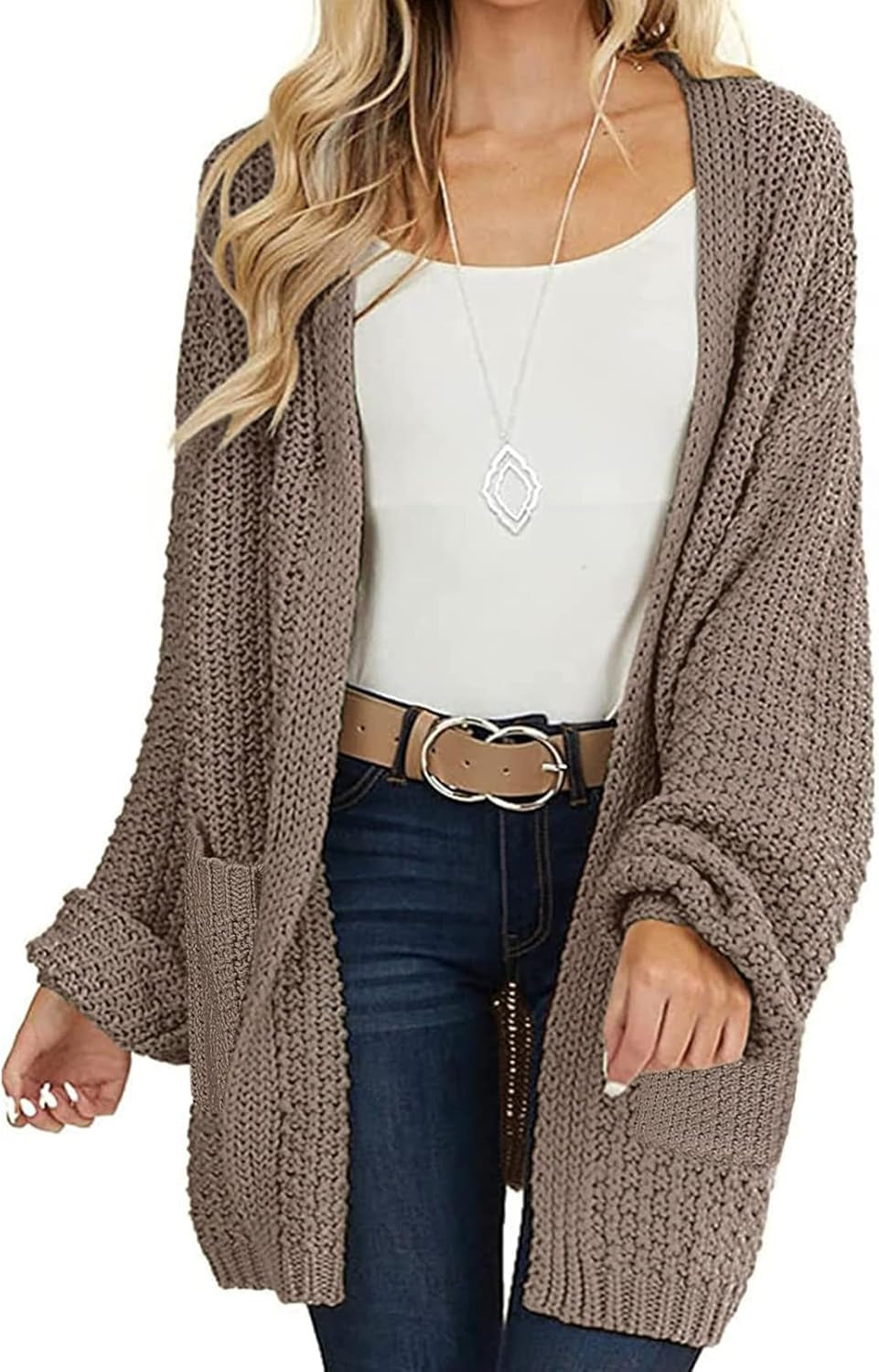 Women'S 2025 Fall Open Front Chunky Knit Sweater Oversized Lantern Sleeve Cardigan Outwear