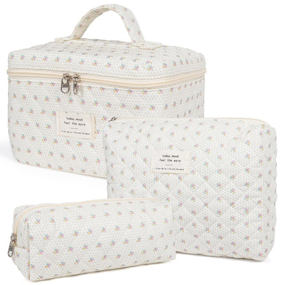 Makeup Bag,Quilted Cosmetic Bag,Large Floral Make up Bag for Women,Cotton Makeup Bag Set,Flower Travel Toiletry Bag