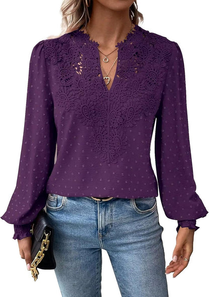 Womens Tops Swiss Dot Boho Long Sleeve Shirts V Neck Casual Chiffon Blouses Flowy Lace Hem Cute Clothing Trendy 2025