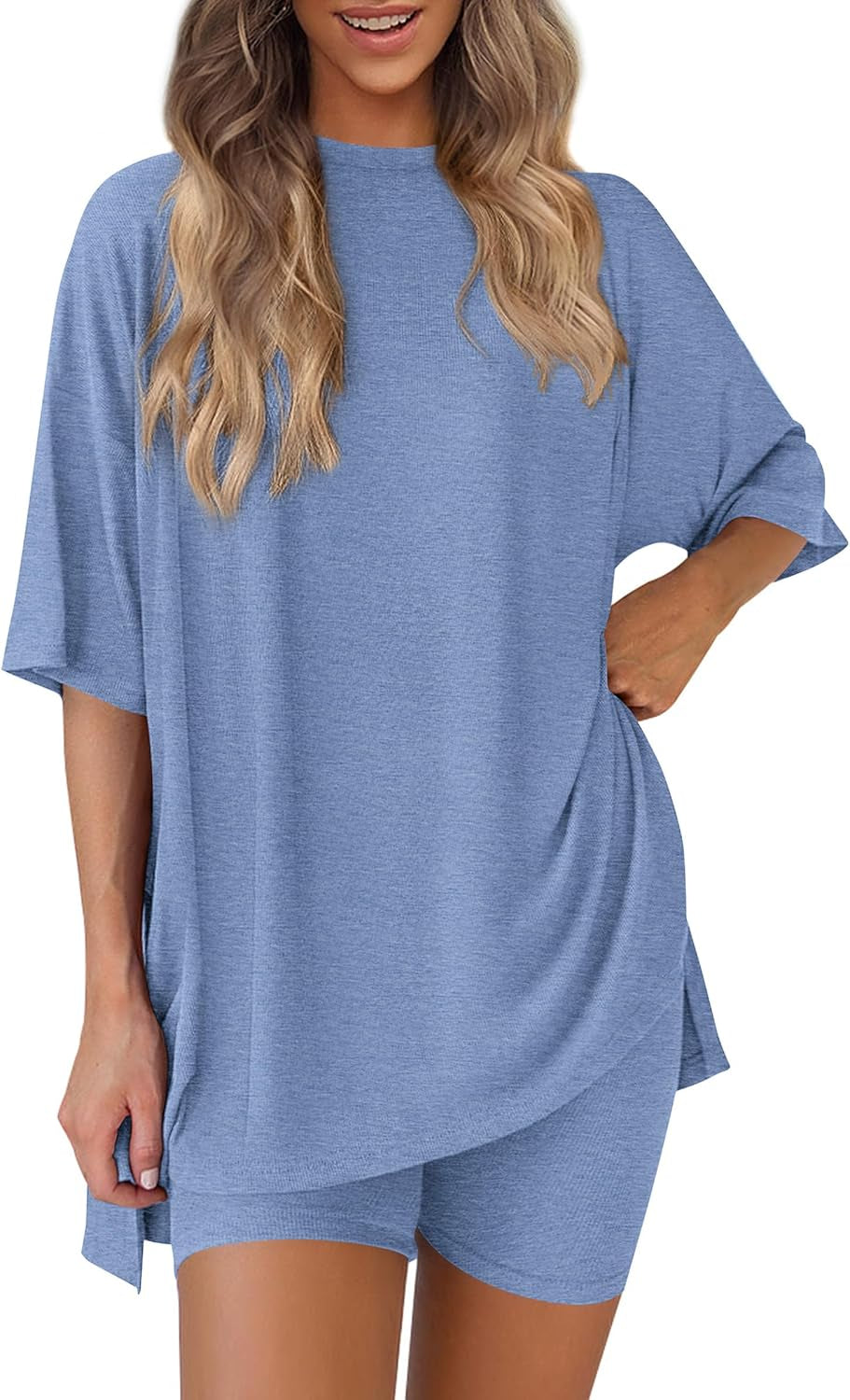 Women 2 Piece Lounge Set 2026 Summer Casual Oversized Shirts Biker Shorts Matching Airport Travel Outfit Clothes