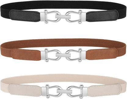 Women Skinny Elastic Belt for Dresses,Thin Retro Stretch Waist Belt with Golden Buckle