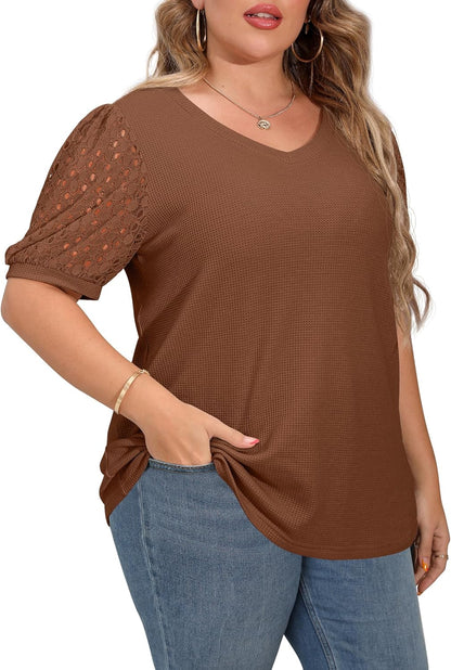 plus Size Tops for Women Summer Blouse Waffle Knit Short Lace Sleeve Shirts