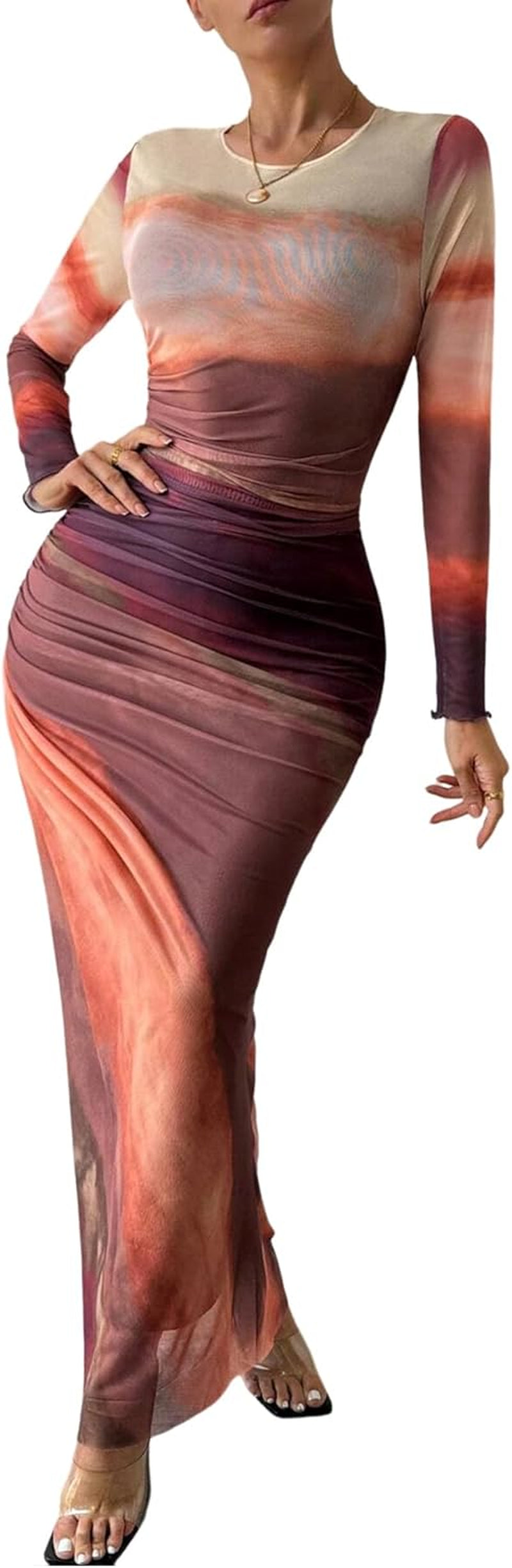 Women Long Sleeve Maxi Dress Bodycon Ruched Formal Slim Fit Tie Dye Dress Formal Mesh Dress