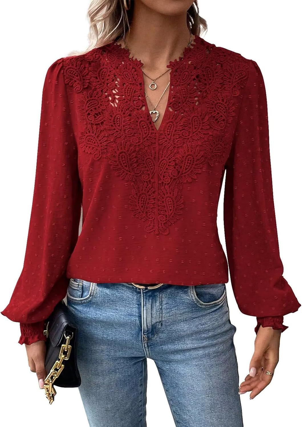 Womens Tops Swiss Dot Boho Long Sleeve Shirts V Neck Casual Chiffon Blouses Flowy Lace Hem Cute Clothing Trendy 2025