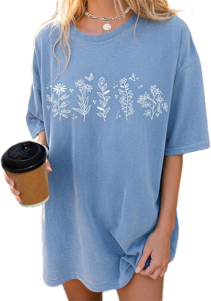 Women'S Casual Oversized T Shirt Short Sleeve Graphic Tee Letter Sun Moon Shirts