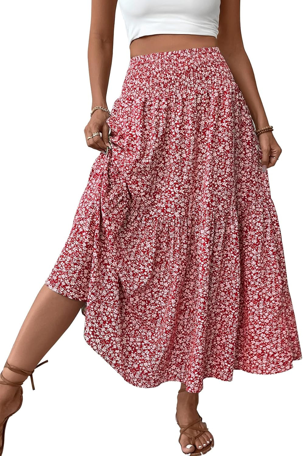 Women'S Smocked High Waist Maxi Skirt Casual Boho Long Skirts with Pockets