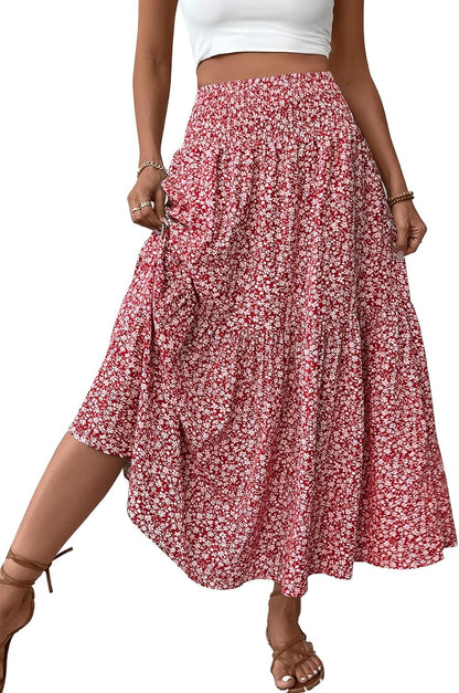 Women'S Smocked High Waist Maxi Skirt Casual Boho Long Skirts with Pockets