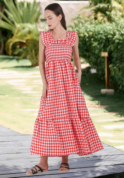 Women'S Retro Plaid Smocked Dress Spaghetti Strap Flounce Long Dress