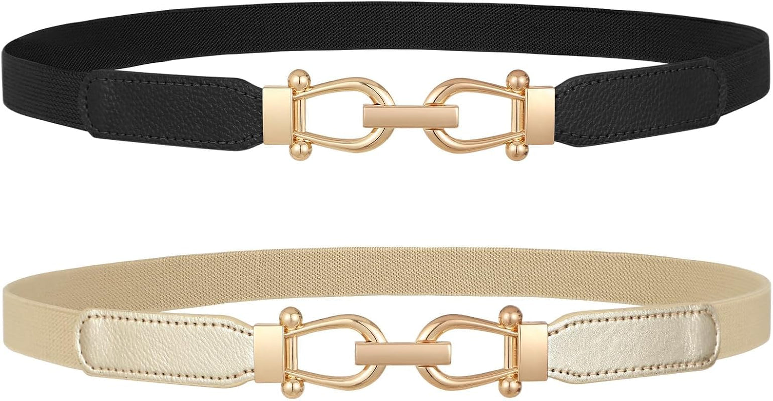 Women Skinny Elastic Belt for Dresses,Thin Retro Stretch Waist Belt with Golden Buckle