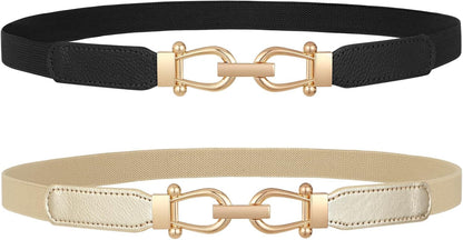 Women Skinny Elastic Belt for Dresses,Thin Retro Stretch Waist Belt with Golden Buckle