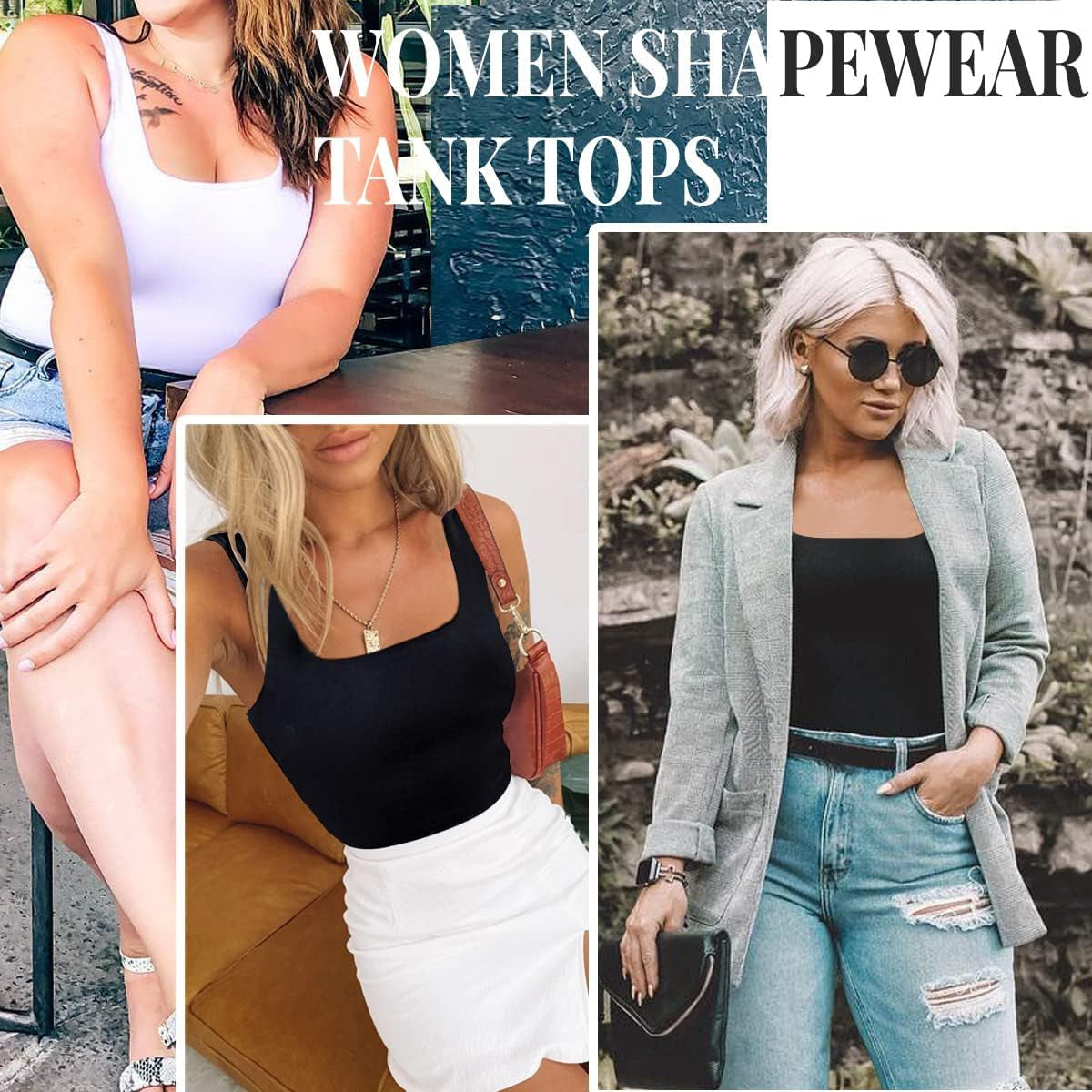 Women'S Tummy Control Shapewear Tank Tops Seamless Square Neck Compression Tops Slimming Body Shaper Camisole