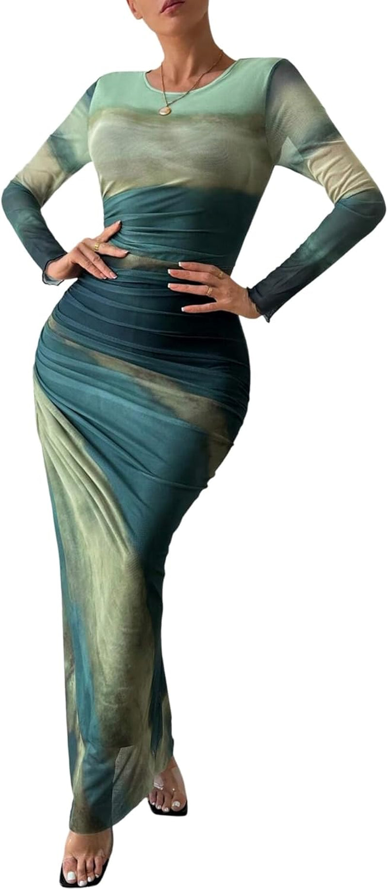 Women Long Sleeve Maxi Dress Bodycon Ruched Formal Slim Fit Tie Dye Dress Formal Mesh Dress
